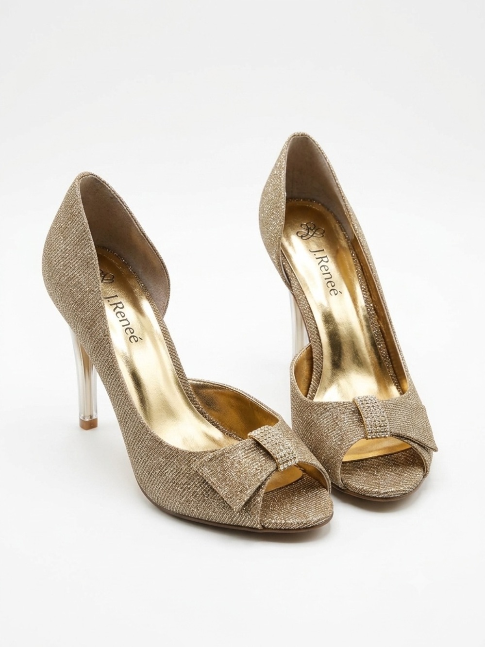 J. Renee Champagne Glitter Peep Toe Rhinestone Heels Size 9N Narrow